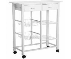 Carrello Cucina Legno con Cassetti Portaposate 4 Ripiani Cesti e Mensole Bianco