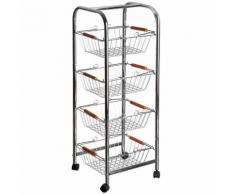 Carrello Cucina Metallo e Legno 4 Cestelli e Ruote per Frutta Verdura 27x26x78cm