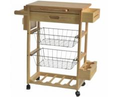 Carrello da cucina in legno con due cestelli un piano e un cassetto