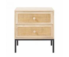 Comodino a 2 cassetti in legno massello di mango e rattan Helios