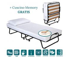 Brandina Pieghevole con Materasso Memory Foam 80x190 alto 12 cm + Cuscino GRATIS, Rivestimento Sfoderabile e Lavabile in Lavatrice Anallergico, Rete Singola a Doghe in Legno Naturale Faggio, Ammortizzatori, Ortopedica, 4 Ruote ANTIGRAFFIO Smontabili, Stru