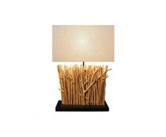 Lampada A Tavolo Legno Naturale Etnica Paralume Tessuto Beige Mode...