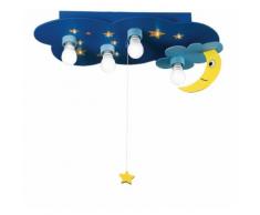 Plafoniera Legno Blu Luna Stelle Lampada Per Cameretta Led 0,48 Wa...