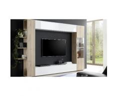 Parete soggiorno Sorano: Bianco laccato lucido/Rovere kadiz