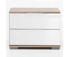 Comodino Girasole S con due cassetti in essenza rovere fresato e vetro bianco