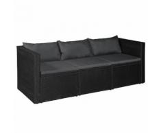 vidaXL Divano da Giardino a 3 Posti Nero in Polyrattan Cuscini Grigi