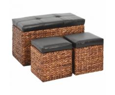 vidaXL Panca e 2 Pouf in Giunco Marrone e Nero