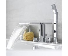 Hudson Reed Batteria Bordo Vasca a 4 Fori con Rubinetto a Cascata e Doccetta Blade Ottone Cromato