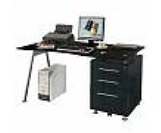 Hjh Scrivania per Computer NERO in cristallo nero temperato, con cassettiera, cm 120x60