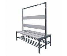 Panca per spogliatoi con listello portaganci e doghe in plastica, con ripiano scarpe, su due lati, 1500 mm, 14 ganci