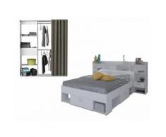 Set CAMERA KYLIAN - Letto + testata letto con scomparti 140x190-200 cm e guardaroba estensibile KYLIAN L114/168 cm - Bianco