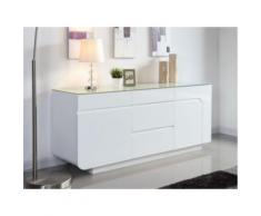 Credenza BRADY - MDF laccato bianco e vetro temperato - 2 ante e 4 cassetti