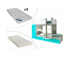 Letto a castello con letto a cassettone a scomparsa ANTONIO - 3x90x190 cm - Armadio integrato - Abete turchese e bianco + materasso letto a scomparsa + 2 materassi ZEUS 90x190