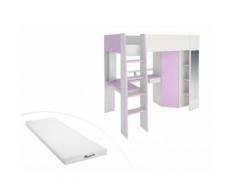 Letto a soppalco GEMMA - 90x200 cm - Con scrivania, vani portaoggetti e armadio integrati - Violetto e Bianco + materasso STELO KIDS 90x200 cm