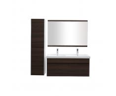 Mobile da bagno con doppio lavabo, specchio e nicchie bianco e legno scuro GANFO