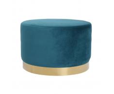 Pouf / poggiapiedi rotondo in velluto blu anatra e metallo dorato 54 cm AMAYA