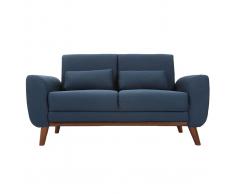 Divano design 2 posti tessuto blu e piedi noce EKTOR