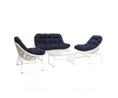 Salotto da giardino in resina intrecciata bianco e blu scuro con tavolino basso - modello COMFY