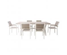 Salotto da giardino con tavolo e 6 sedie in metallo bianco e legno grigio VIAGGIO