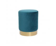 Pouf / poggiapidi rotondo in velluto blu anatra e metallo dorato AMAYA