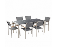 Set di tavolo e 6 sedie da giardino in acciaio, basalto e fibra tessile grigia - Nero lucido - 180cm - GROSSETO