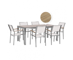 Set tavolo da giardino effetto legno 180 cm e 6 sedie tessuto bianco GROSSETO