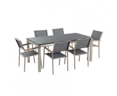 Set di tavolo e 6 sedie da giardino in acciaio, basalto e fibra tessile grigia- piano singolo- Nero lucido - 180cm - GROSSETO