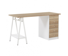 Scrivania color legno chiaro / bianco con 5 cassetti 140 x 60 cm HEBER