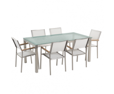 Set da giardino a 6 posti in vetro 180cm con sedie bianche GROSSETO