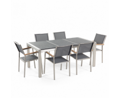 Set di tavolo e 6 sedie da giardino in acciaio, basalto e fibra tessile grigia - Nero fiammato - 180cm - GROSSETO