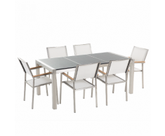 Set di tavolo e 6 sedie da giardino in acciaio, granito e fibra tessile bianca - Grigio lucido - 180cm - GROSSETO