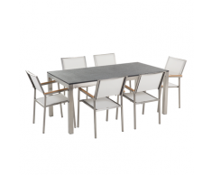 Set di tavolo e 6 sedie da giardino in acciaio, basalto e fibra tessile bianca - piano singolo - Nero fiammato- 180cm - GROSSETO