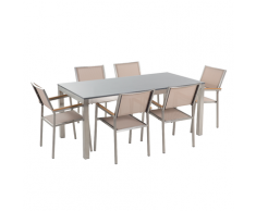 Set di tavolo e 6 sedie da giardino in acciaio, granito e fibra tessile beige - piano singolo- Grigio lucido - 180cm - GROSSETO