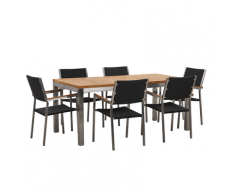 Set da giardino tavolo in teak e 6 sedie nere in rattan GROSSETO