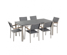 Set di tavolo e 6 sedie da giardino in acciaio, basalto e fibra tessile grigia - piano singolo - Nero fiammato - 180cm - GROSSETO