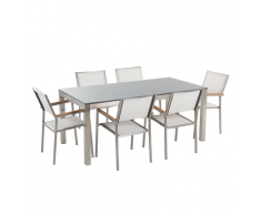 Set di tavolo e 6 sedie da giardino in acciaio, granito e fibra tessile bianca- piano singolo- Grigio lucido - 180cm - GROSSETO