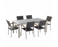 Set di tavolo e sedie da giardino in acciaio, granito e rattan - 180cm - Grigio lucido - GROSSETO
