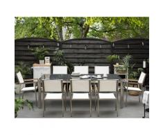 Set di tavolo e 8 sedie da giardino in acciaio, granito e fibra tessile bianca - Grigio lucido - 220cm - GROSSETO