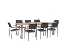 Set di tavolo 220cm in legno di eucalipto e 8 sedie da giardino in fibra tessile nera GROSSETO