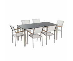 Set di tavolo e 6 sedie da giardino in acciaio, basalto e fibra tessile bianca - piano singolo- Nero lucido - 180cm - GROSSETO