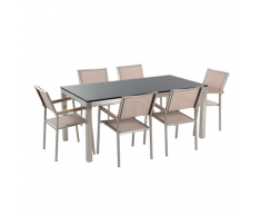Set di tavolo e 6 sedie da giardino in acciaio, basalto e fibra tessile beige- piano singolo- Nero lucido - 180cm - GROSSETO