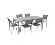 Set di tavolo e 6 sedie da giardino in acciaio, granito e fibra tessile grigia- piano singolo- Grigio lucido - 180cm - GROSSETO