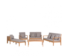 Set da giardino 7 posti in legno certificato cuscini grigi inclusi PATAJA