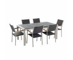 Set di tavolo e sedie da giardino in acciaio, basalto e rattan - 180cm - Nero fiammato - GROSSETO