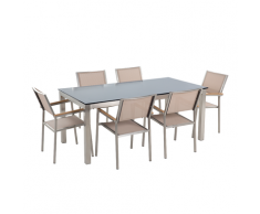 Set tavolo e sedie da giardino - In vetro temperato nero e fibra tessile beige - tavolo 180 con 6 sedie - GROSSETO