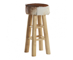 Sgabello in legno di teak marrone e pelle di agnello WALTON