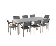 Set di tavolo e 8 sedie da giardino in acciaio, granito e fibra tessile grigia - Grigio lucido - 220cm - GROSSETO