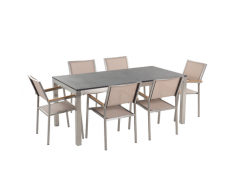 Set di tavolo e 6 sedie da giardino in acciaio, granito e fibra tessile beige - piano singolo - Nero fiammato - 180cm - GROSSETO