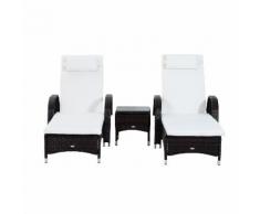 Set 2 Lettini Prendisole Da Giardino In Rattan Sintetico Reclinabili Imbottiti Con Rotelle E Tavolino Marrone Miozzi