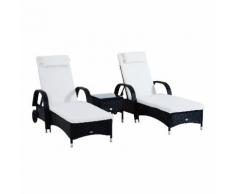 Set 2 Lettini Prendisole Da Giardino In Rattan Sintetico Con Materassino Imbottito E Tavolino Nero Miozzi